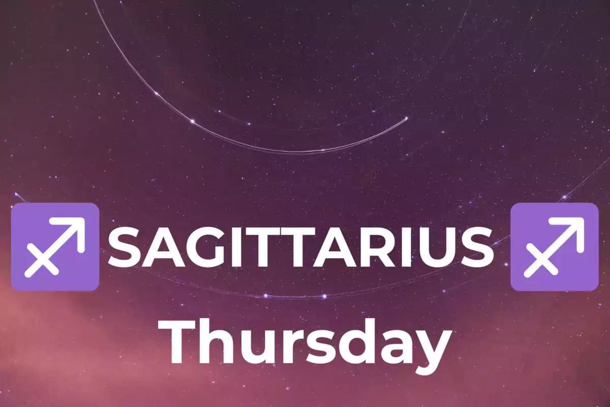 Starry sky background with the word SAGITTARIUS in large letters, two Sagittarius symbols in purple, and the word Thursday underneath