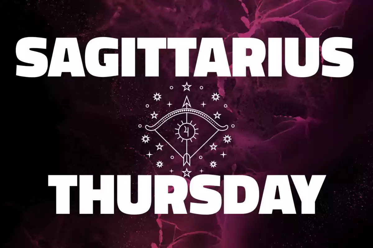 Sagittarius Thursday with a purple background and a bow and stars design in the center