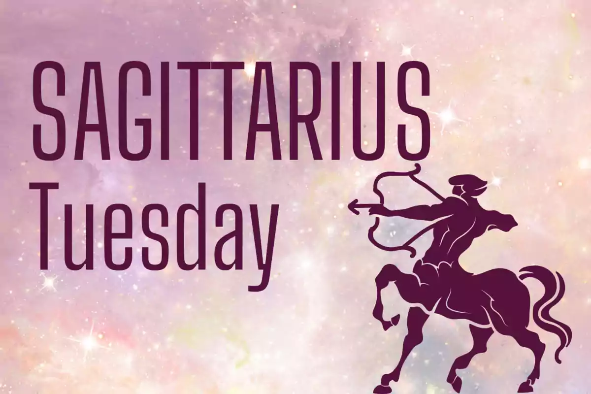 Sagittarius Tuesday with the silhouette of an archer centaur against a background of stars and pastel tones