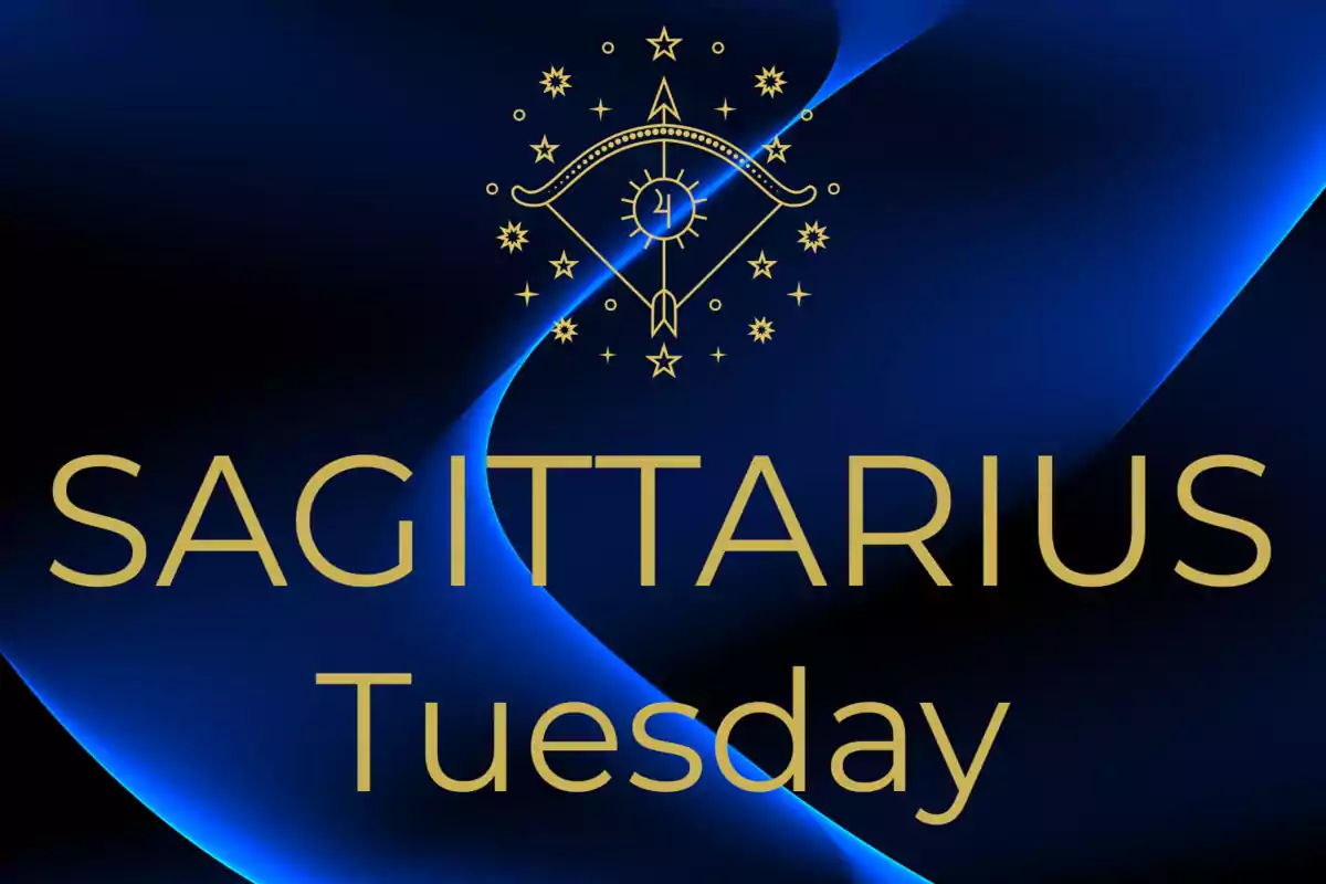 Blue background with curved lines and the text "Sagittarius Tuesday" in gold letters next to an astrological Sagittarius symbol surrounded by stars