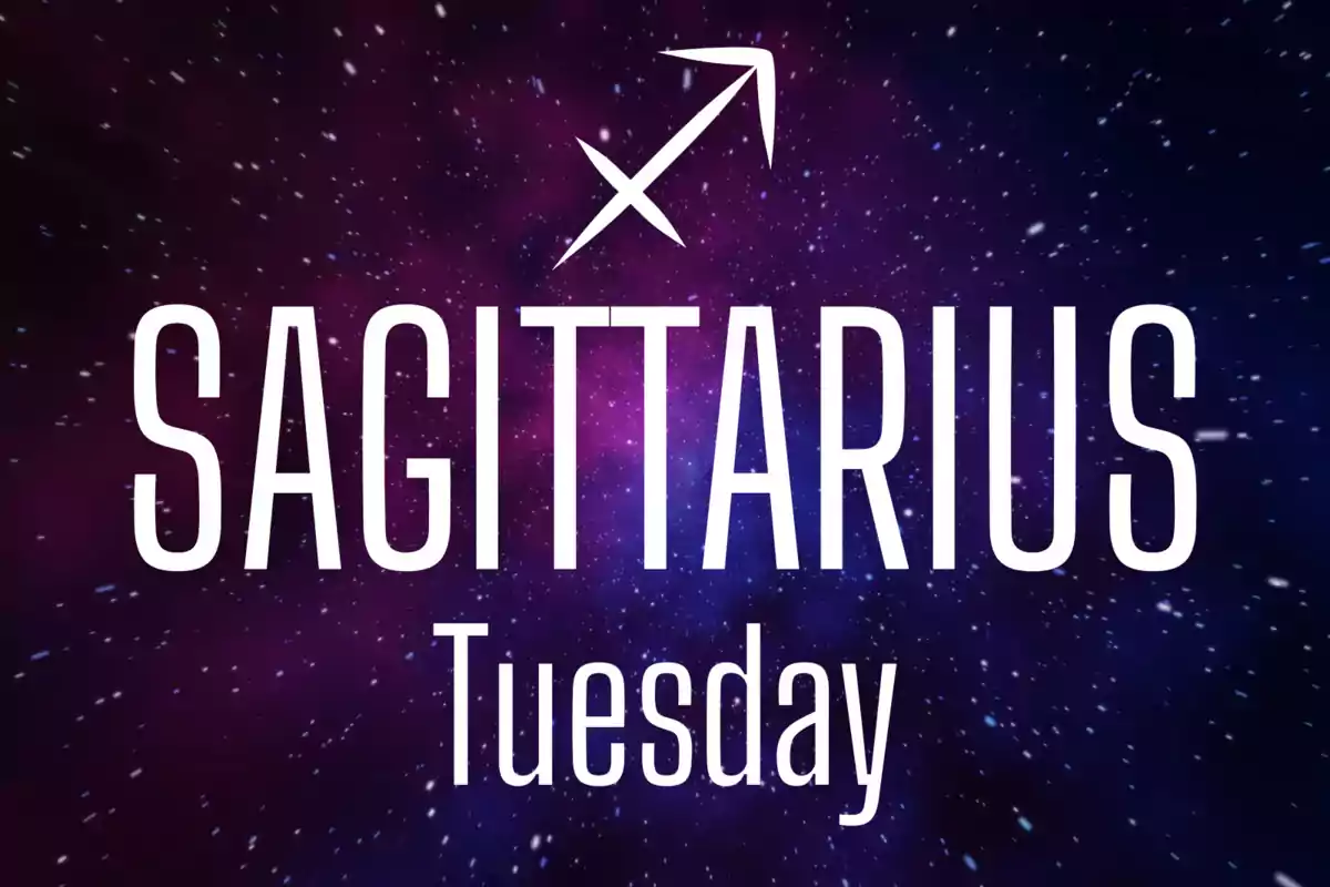 Starry background with the Sagittarius symbol and the words "Sagittarius Tuesday" in large white letters