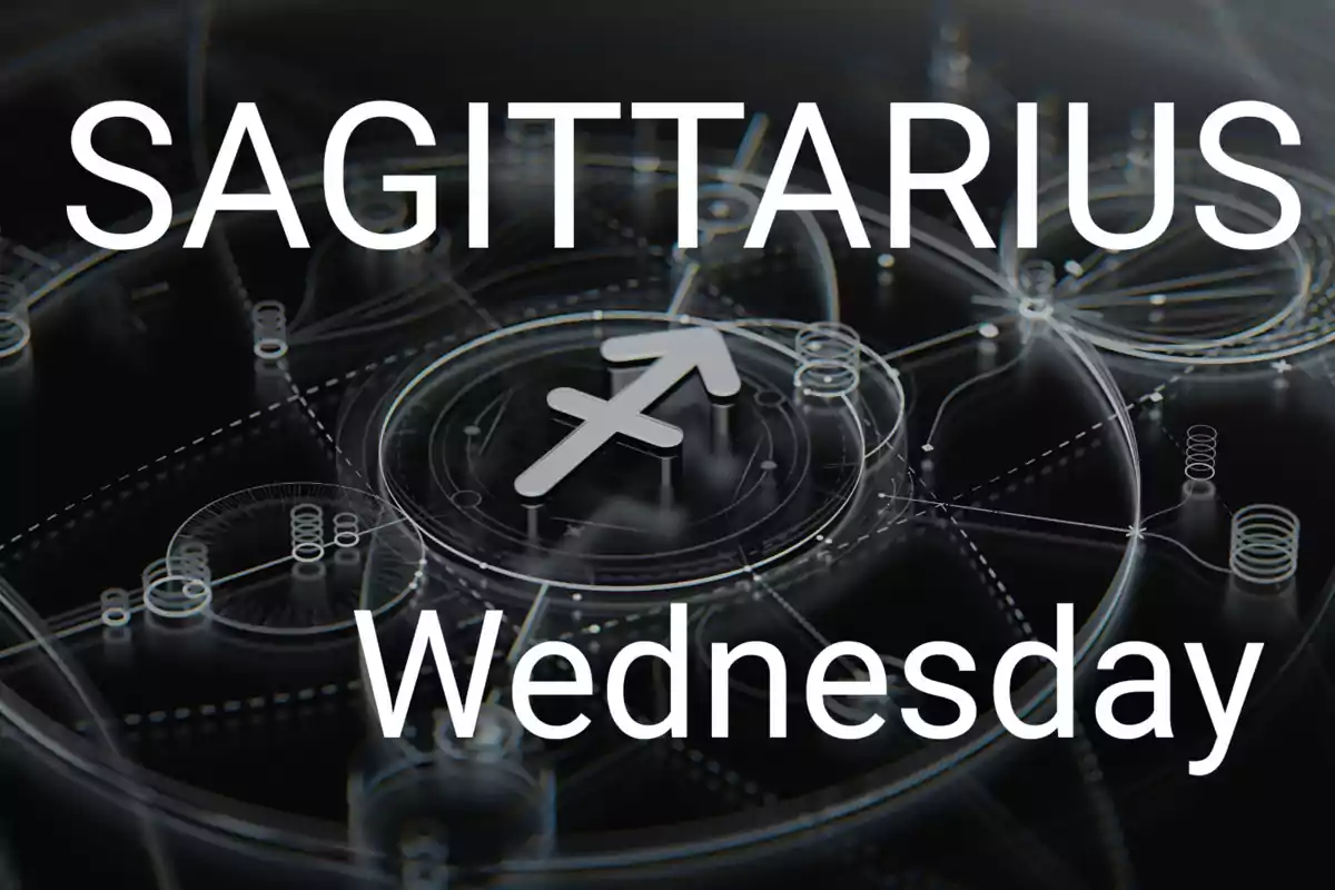 Sagittarius and Wednesday written in large letters on a dark background with a zodiac symbol in the center