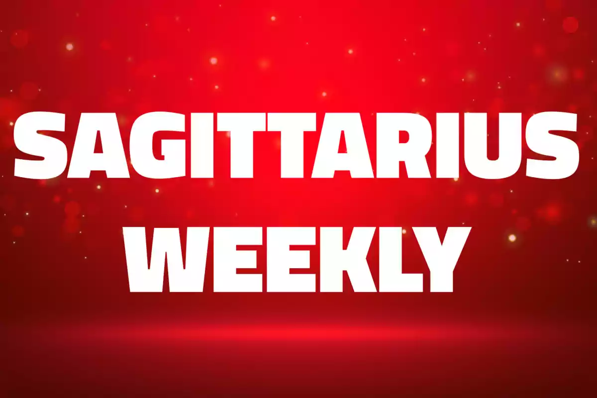 White text that says "Sagittarius Weekly" on a red background with sparkling highlights