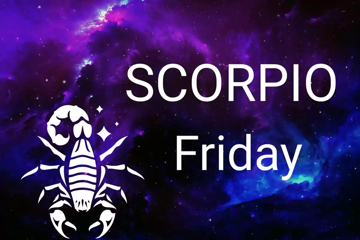 Galaxy background in purple and blue tones with a white scorpion and the words Scorpio Friday in large letters.