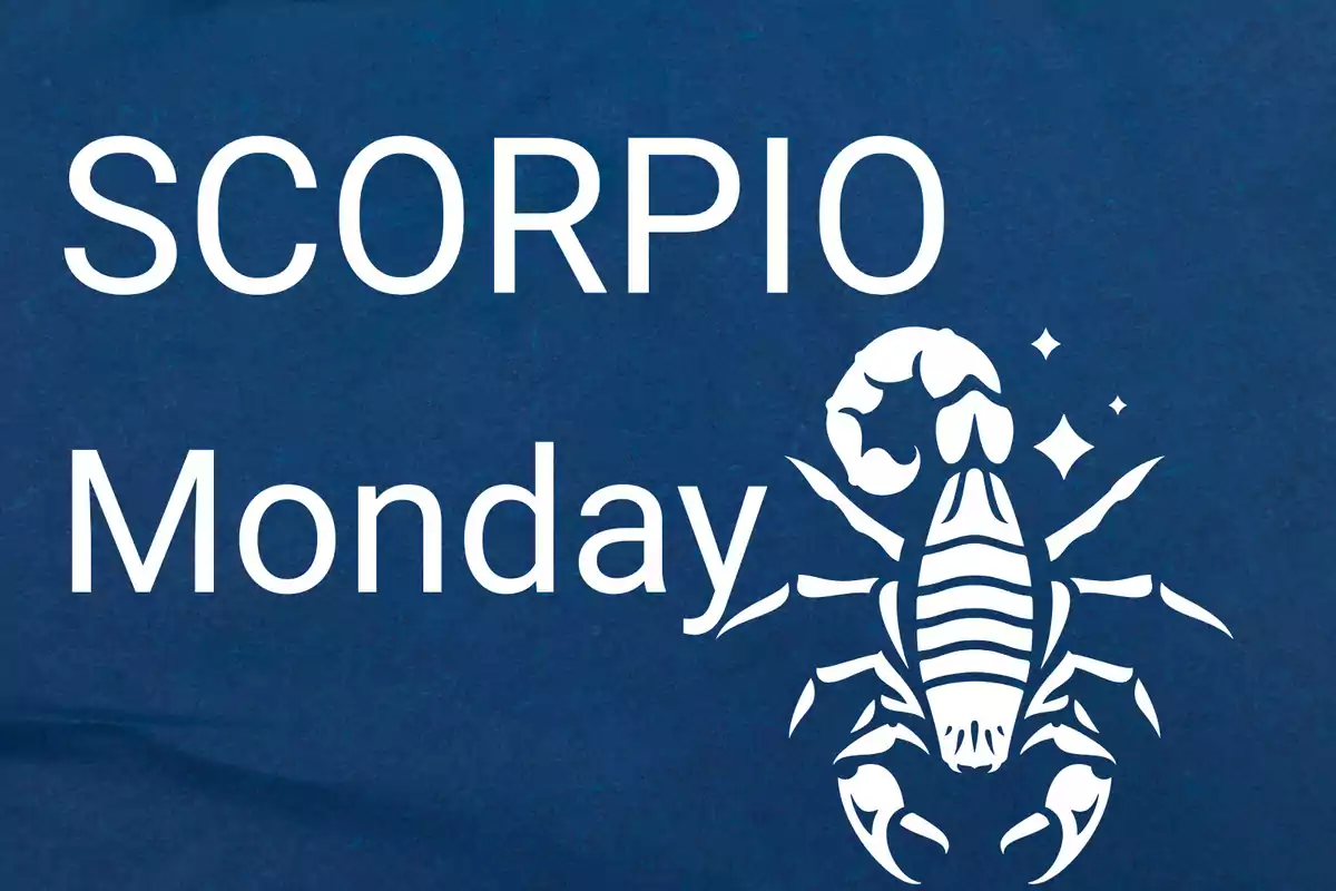 Blue background with the word SCORPIO at the top, Monday at the bottom, and a white drawing of a scorpion on the right