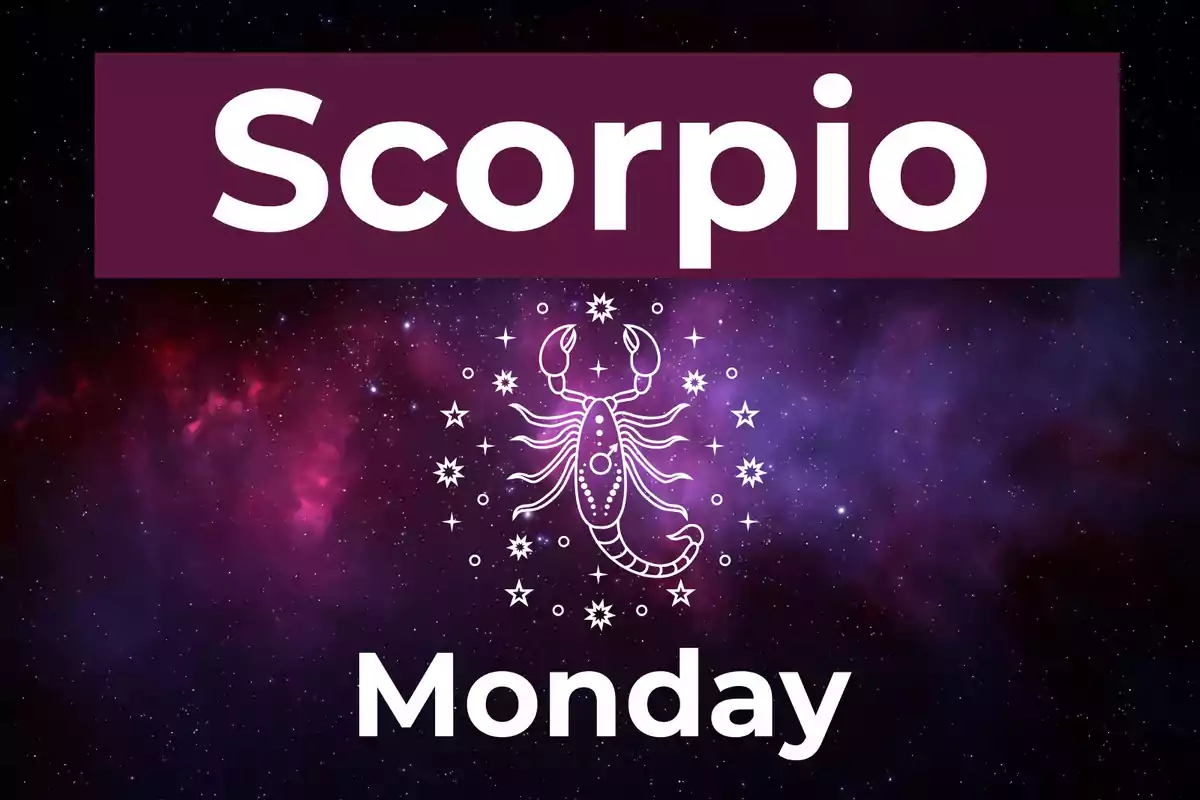Image with a galaxy background, the word Scorpio at the top, a scorpion drawn in the center surrounded by stars, and the word Monday at the bottom.