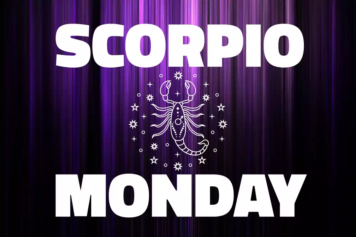 Purple lines background with the word Scorpio at the top, a drawing of a scorpion surrounded by stars in the center, and the word Monday at the bottom