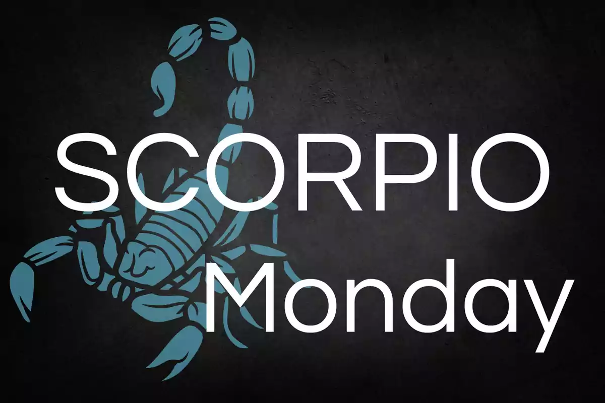 Black background with a blue scorpion and the words "Scorpio Monday" in large white letters