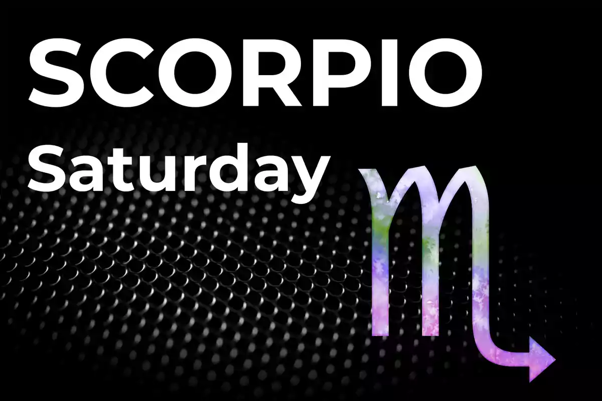Image with a black background and dotted pattern, large text that says Scorpio Saturday, and the Scorpio zodiac sign symbol in pastel colors.