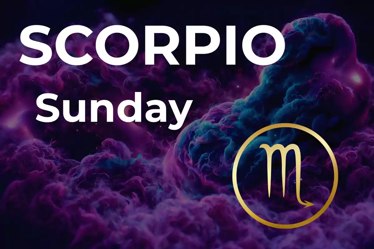 Image with a background of purple and blue clouds, large text that says Scorpio Sunday, and the golden Scorpio symbol inside a circle.