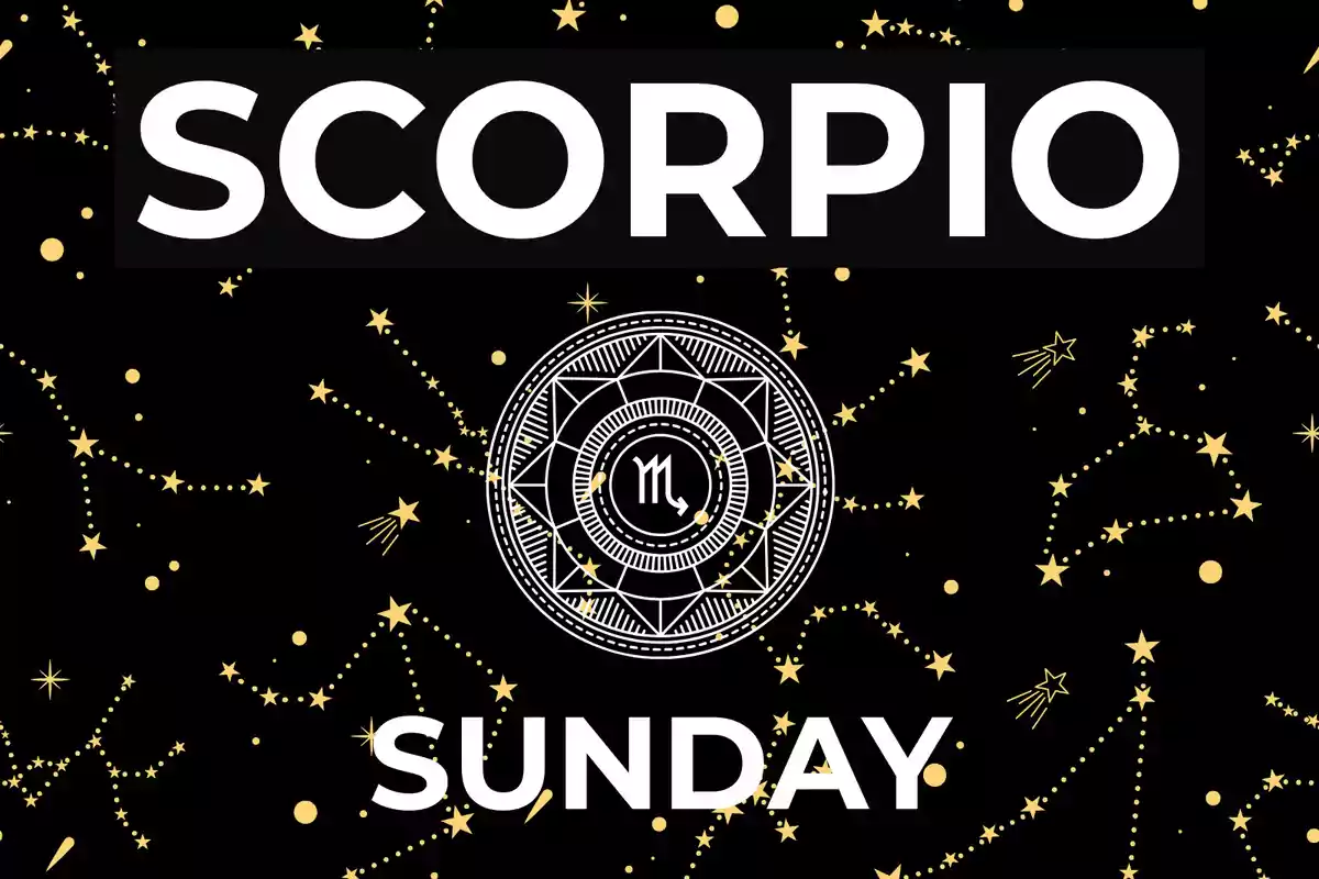 Image with the word Scorpio at the top, a zodiac symbol in the center, and the word Sunday at the bottom, set against a background of constellations and golden stars.