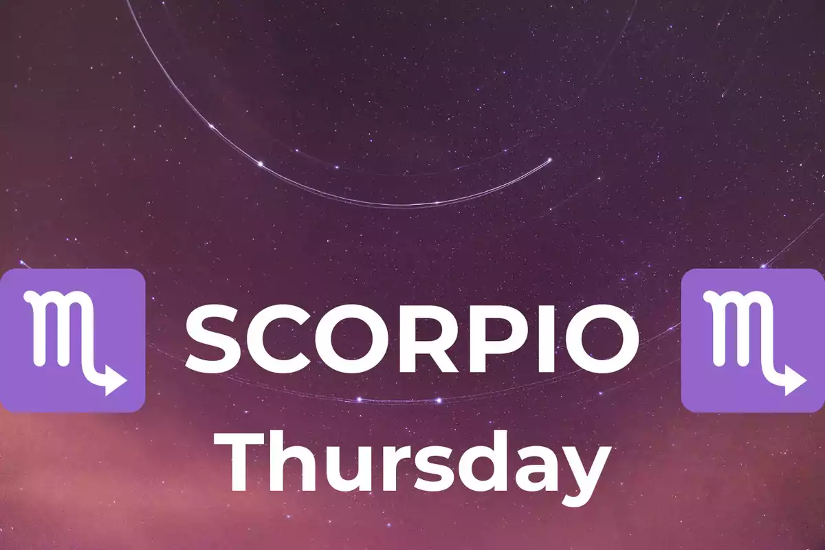 Starry sky background with the text "Scorpio Thursday" and two purple Scorpio symbols on the sides