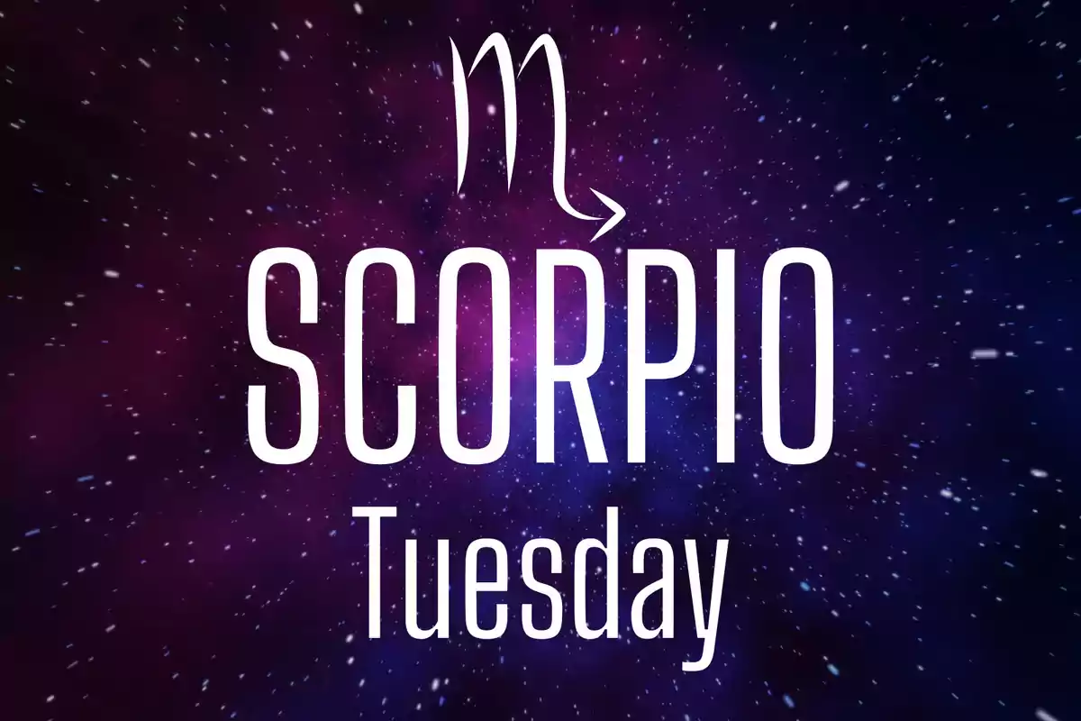 Starry background in purple and blue tones with the Scorpio symbol and the words "Scorpio Tuesday" in large white letters