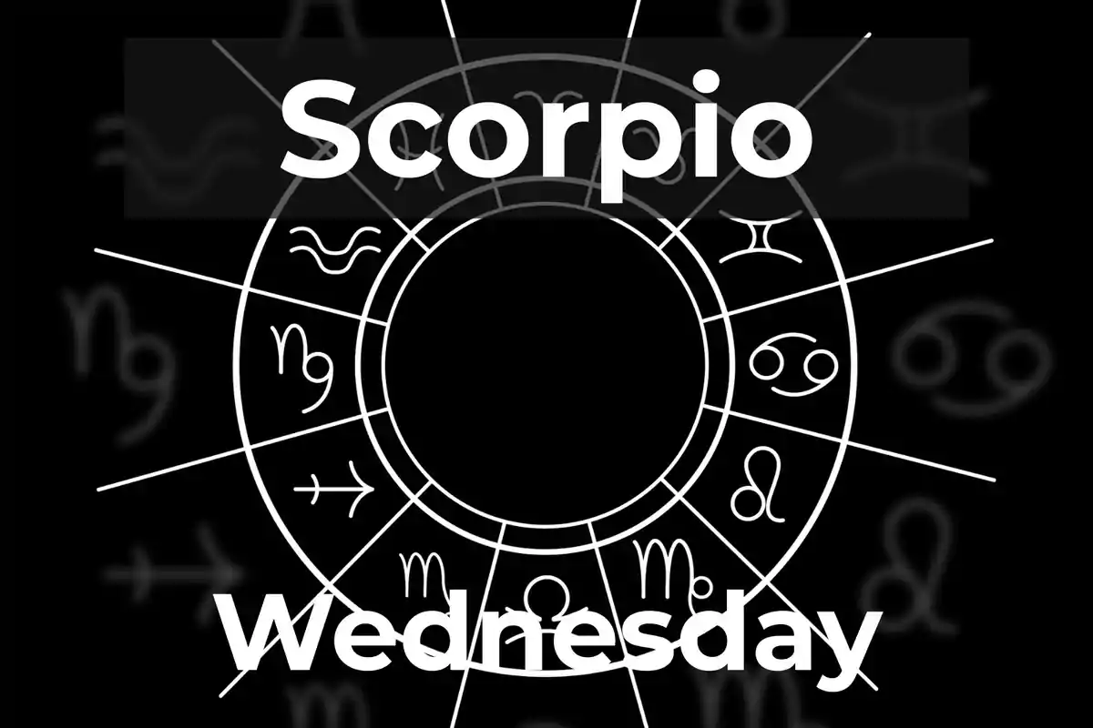 Black and white zodiac wheel with the word Scorpio at the top and Wednesday at the bottom