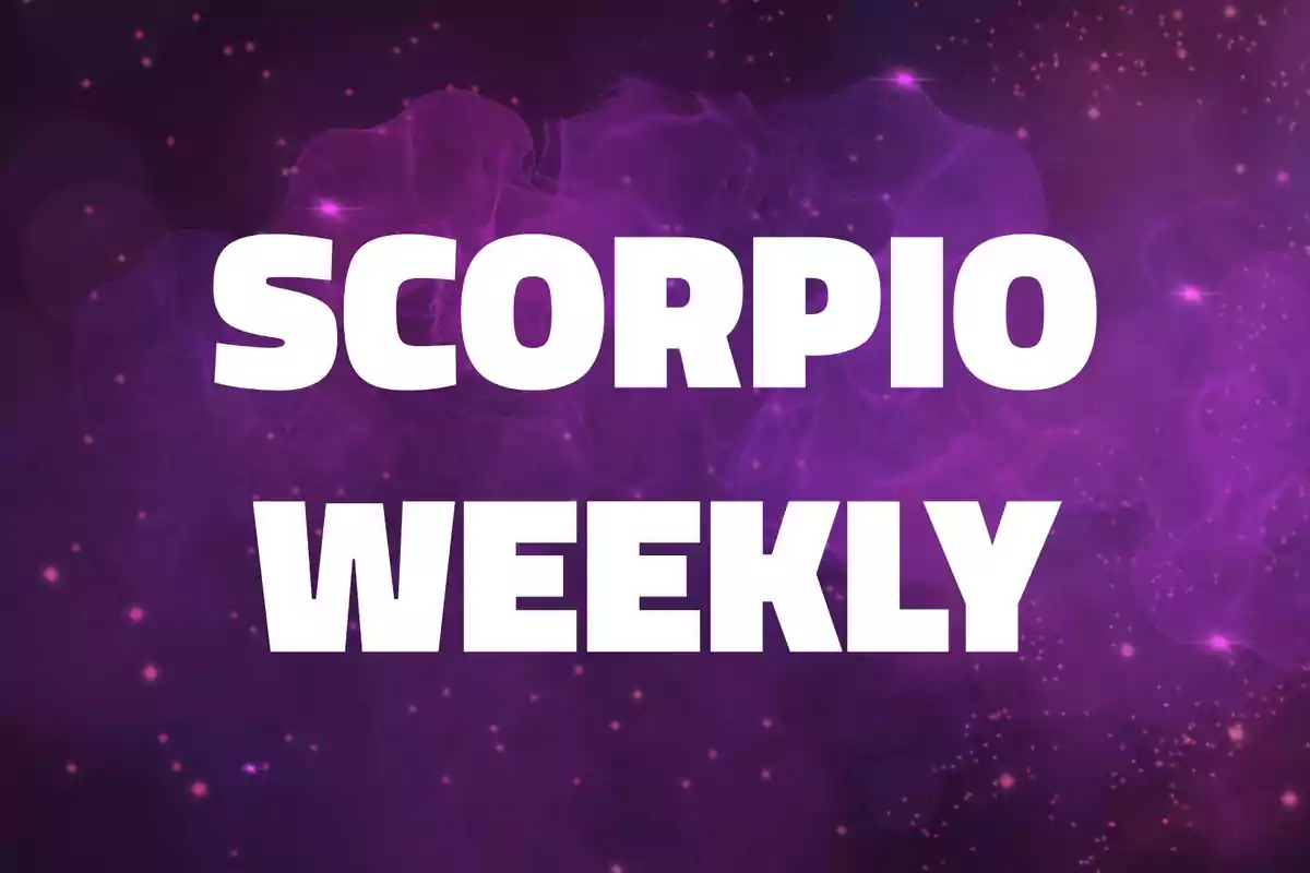 White text that says "Scorpio Weekly" over a purple background with sparkles and smoke.