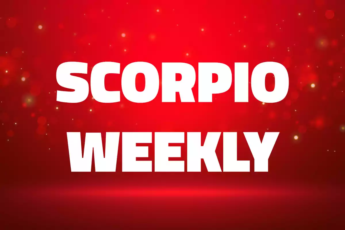 White text that says "Scorpio Weekly" on a red background with sparkling highlights