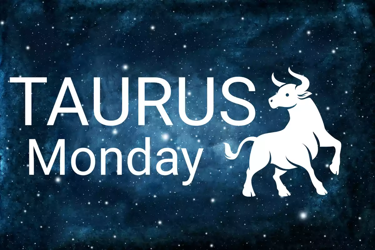 Starry background with the word TAURUS, the word Monday, and the silhouette of a white bull