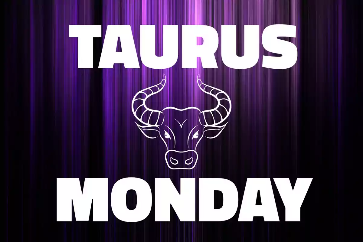 Purple background with vertical lines, the word TAURUS at the top, a drawing of a bull’s head in the center, and the word MONDAY at the bottom