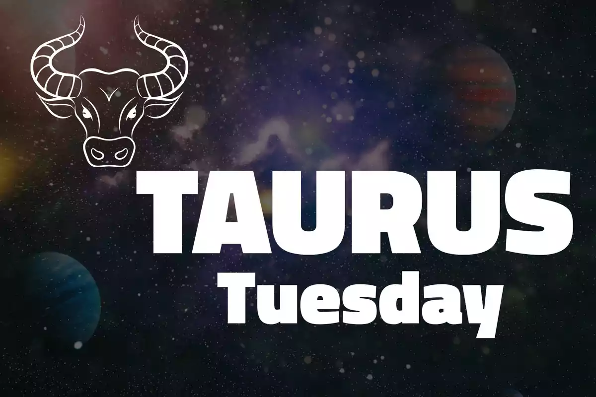 Illustration of a bull next to the words "Taurus Tuesday" on a background of galaxy and planets.