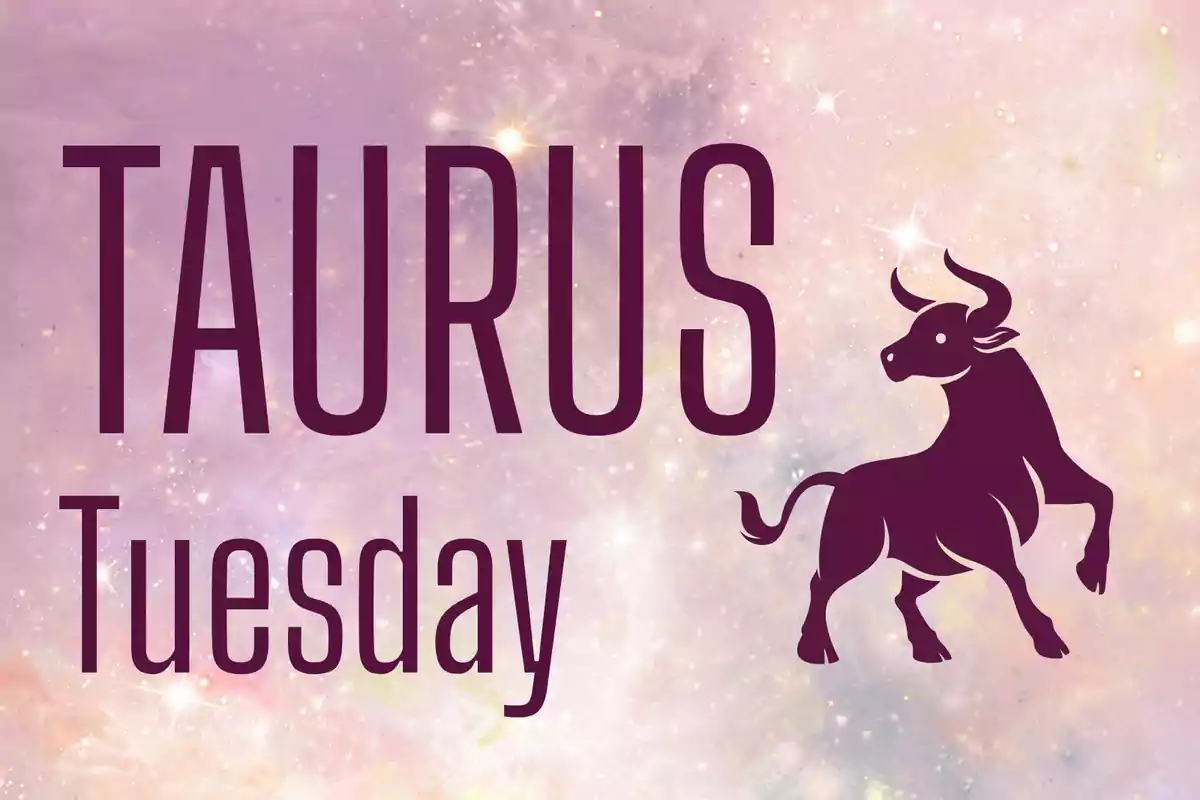 Image with a starry background and pink tones featuring the word Taurus, the day Tuesday, and the silhouette of a bull.