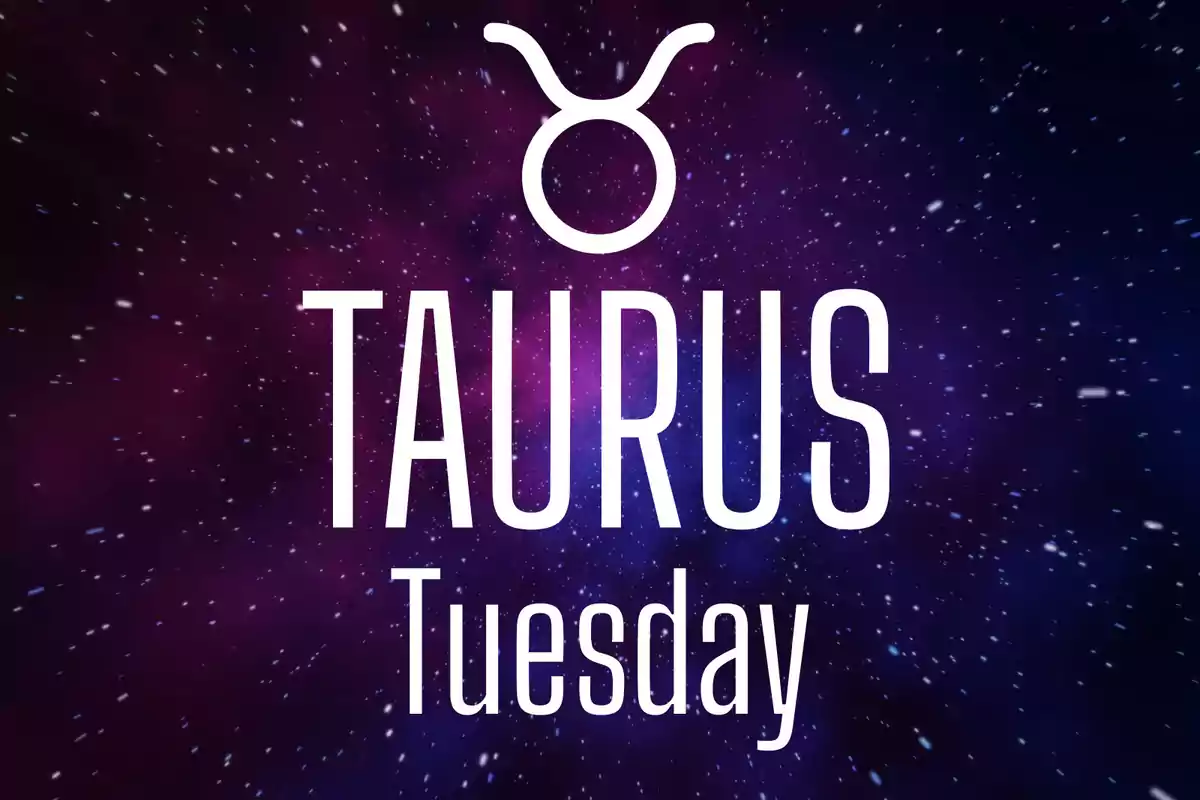 Starry background in purple tones with the Taurus symbol and the words "Taurus Tuesday" in large white letters.
