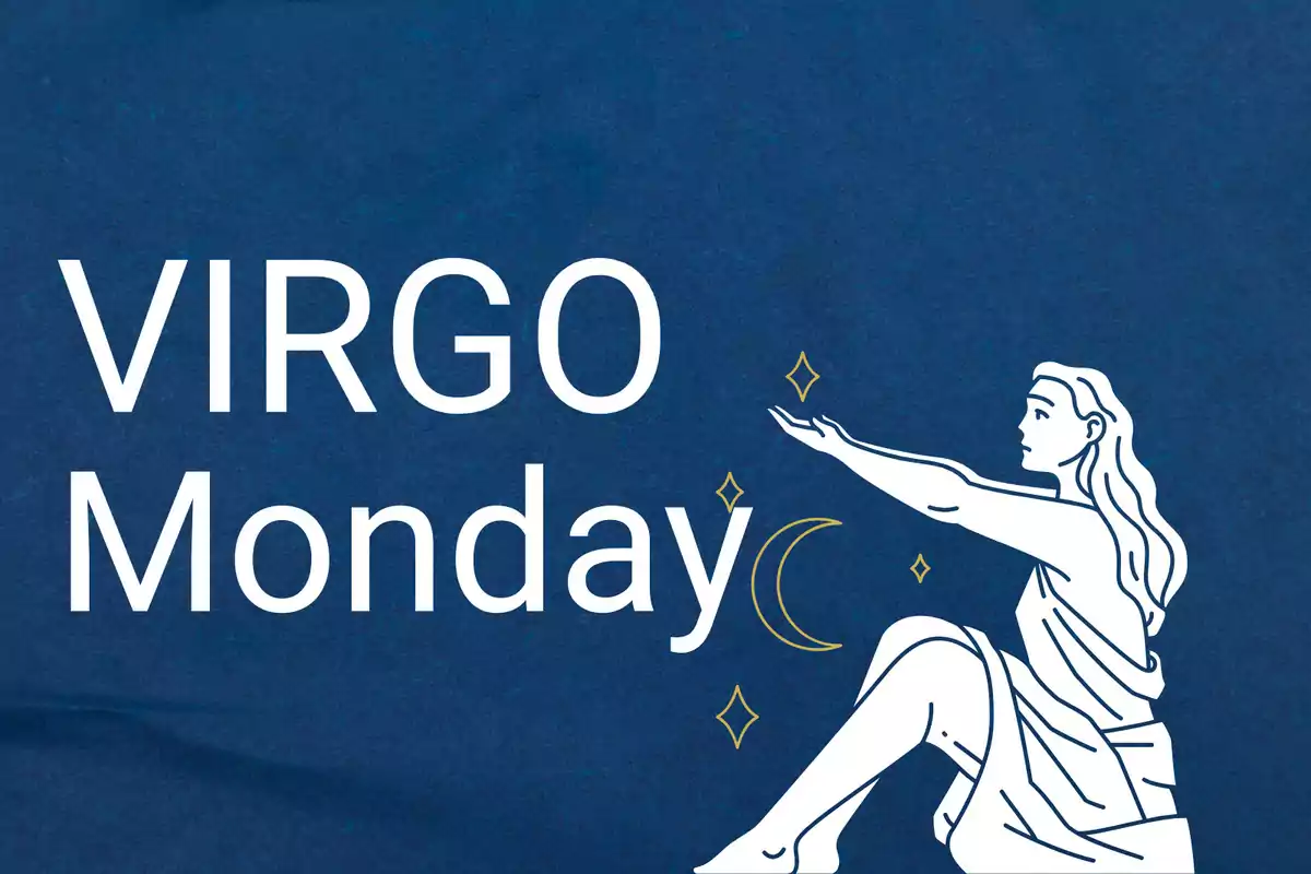 Large "Virgo Monday" text on a blue background with an illustration of a seated woman, a moon, and golden stars