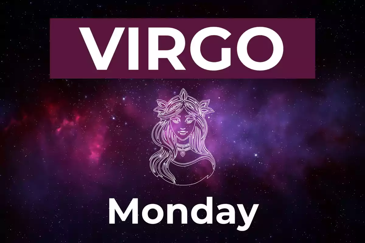 Image with a galaxy background, the word VIRGO in large letters, a drawing of a woman, and the word Monday at the bottom