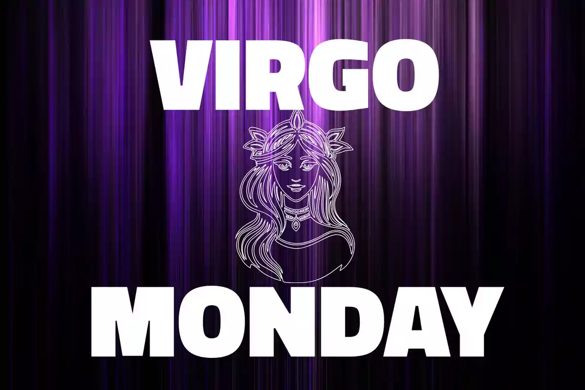 Purple lines background with the word VIRGO at the top, a drawing of a woman in the center, and the word MONDAY at the bottom