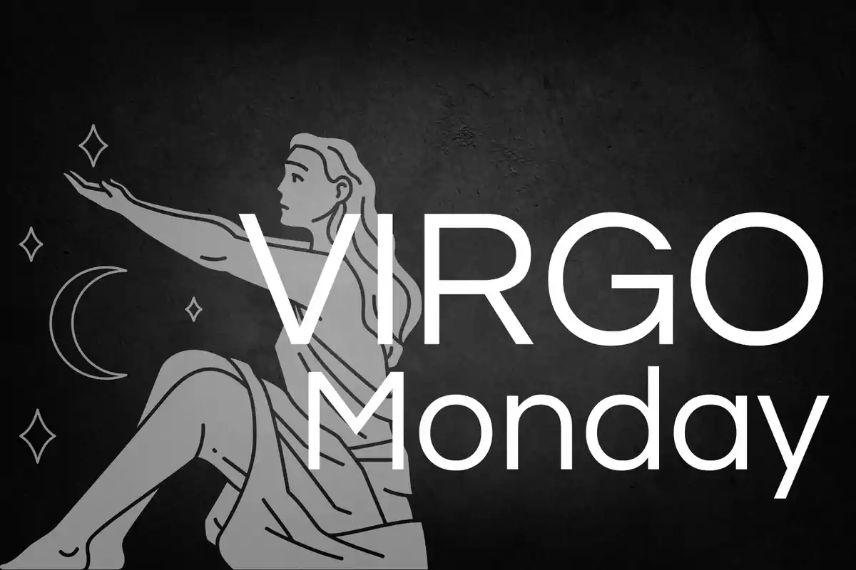 Illustration of a female figure representing the zodiac sign Virgo with the words Virgo and Monday in large letters on a dark background