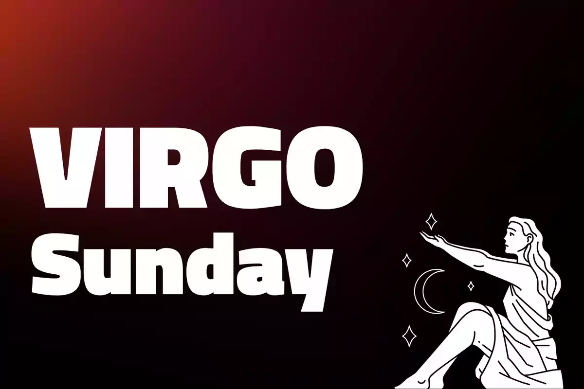 Dark background with the text VIRGO Sunday in large letters and an illustration of a woman sitting with stars and a moon around her