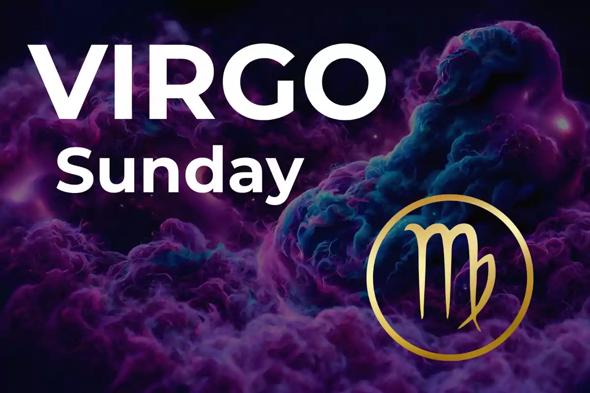 Image with a background of purple and blue clouds, large text that says VIRGO Sunday, and the golden Virgo symbol inside a circle.