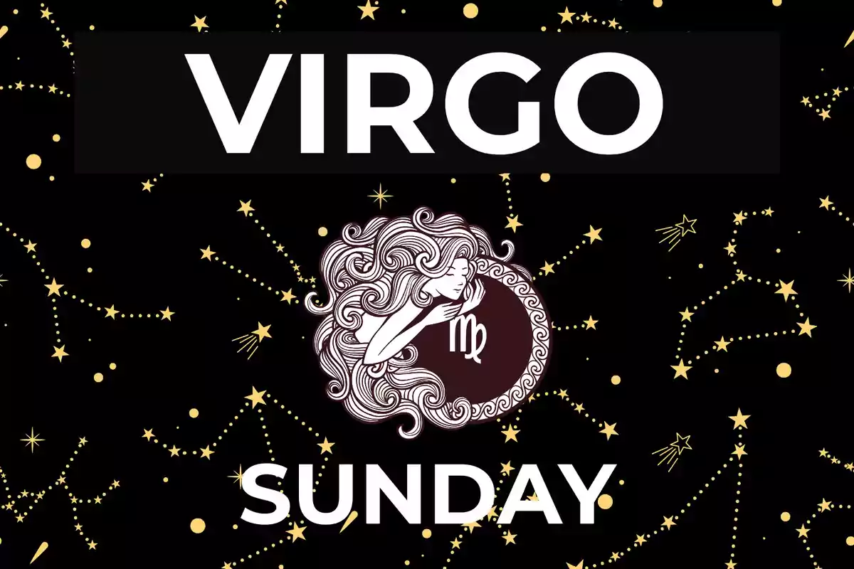 Golden constellations background with the word Virgo in large letters, a drawing of a woman with the Virgo symbol, and the word Sunday at the bottom