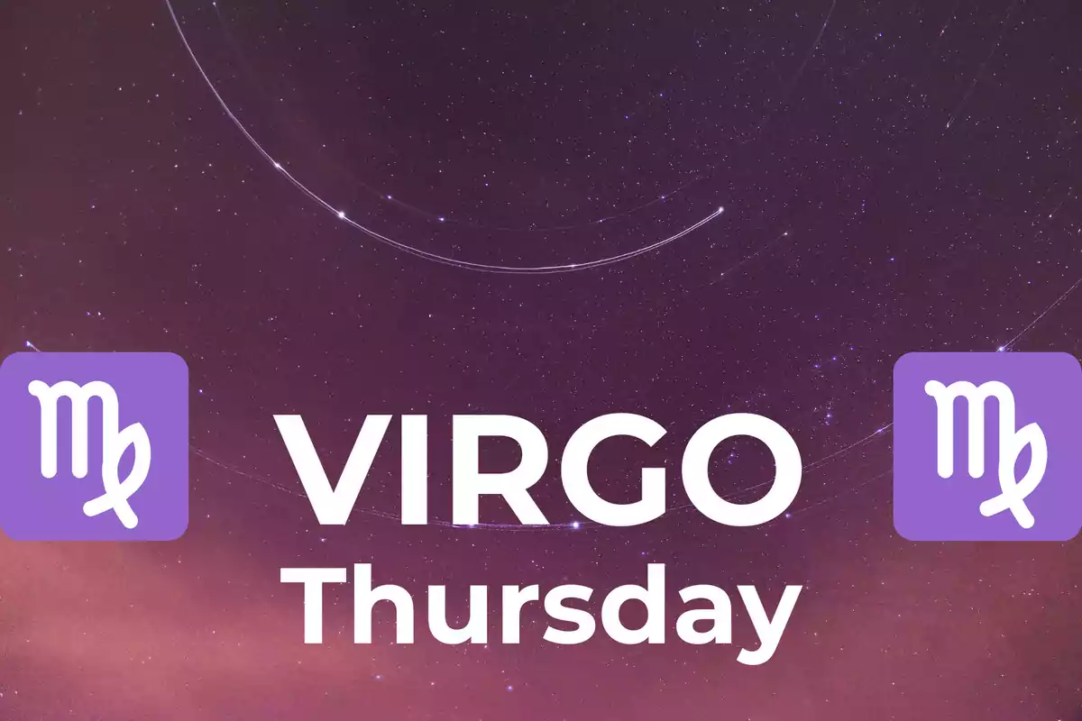 Starry sky background with the word Virgo and Thursday in the center, accompanied by two purple Virgo symbols on each side