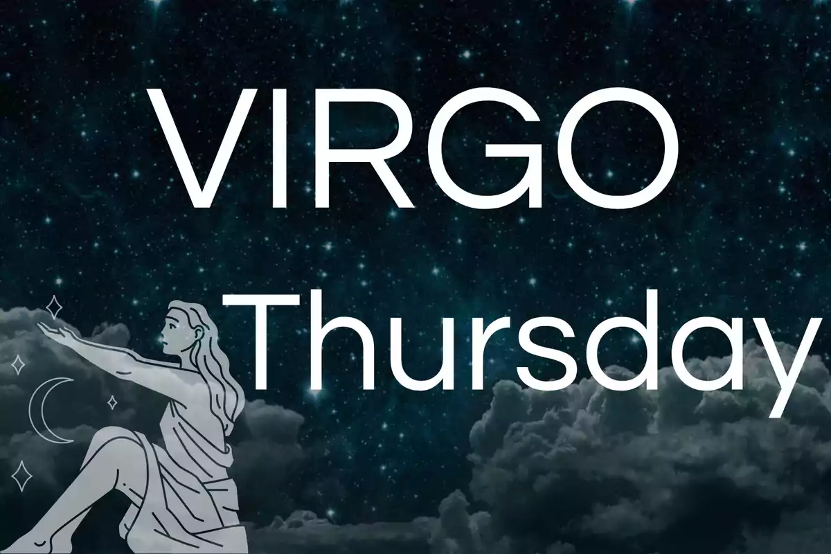 Starry sky background with clouds, large text that says VIRGO Thursday, and an illustration of a seated female figure pointing upward.
