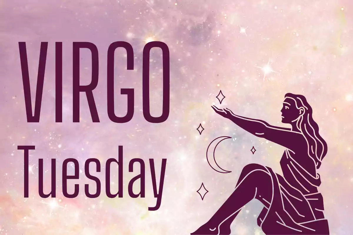 Illustration of a seated female figure with the text "Virgo Tuesday" on a background of stars and pastel tones