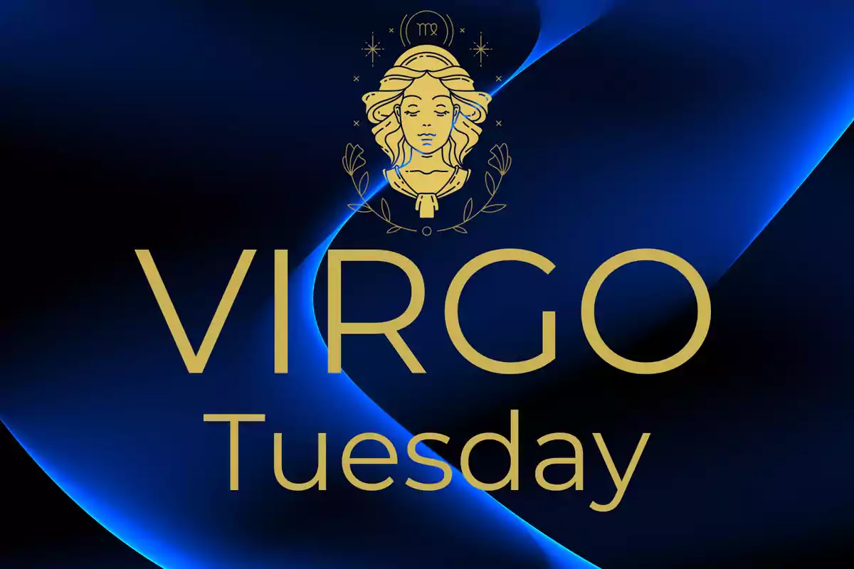 Golden illustration of a female figure with the Virgo symbol on a dark blue background with the words VIRGO and Tuesday in large letters.