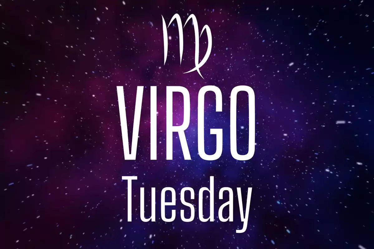 Starry background in purple tones with the Virgo symbol and the words "Virgo Tuesday" in large white letters