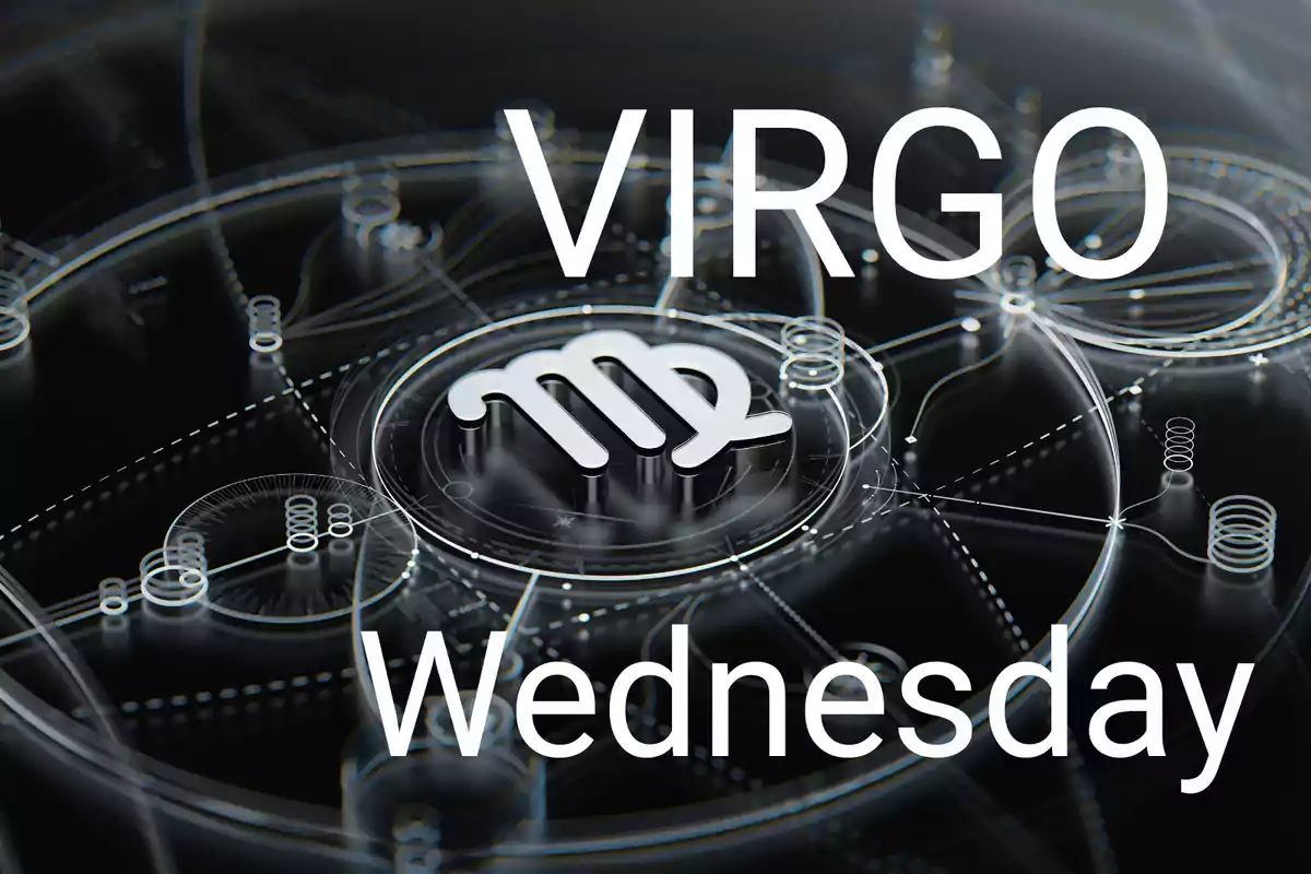 Futuristic illustration with the Virgo symbol in the center and the words Virgo and Wednesday in large white letters on a dark background with geometric patterns.