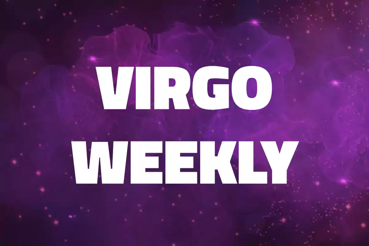 Virgo Weekly text in white letters on a purple background with sparkles and abstract shapes