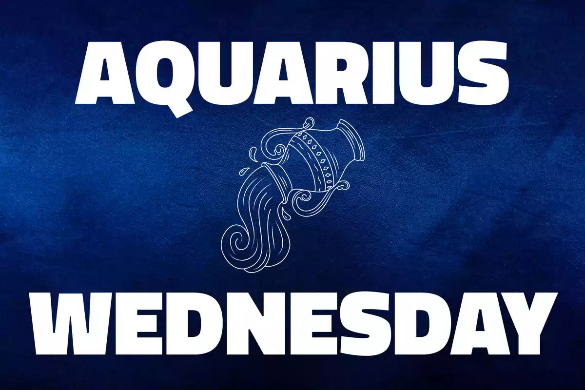 Blue background with the word Aquarius at the top, a drawing of a water jug in the center, and the word Wednesday at the bottom