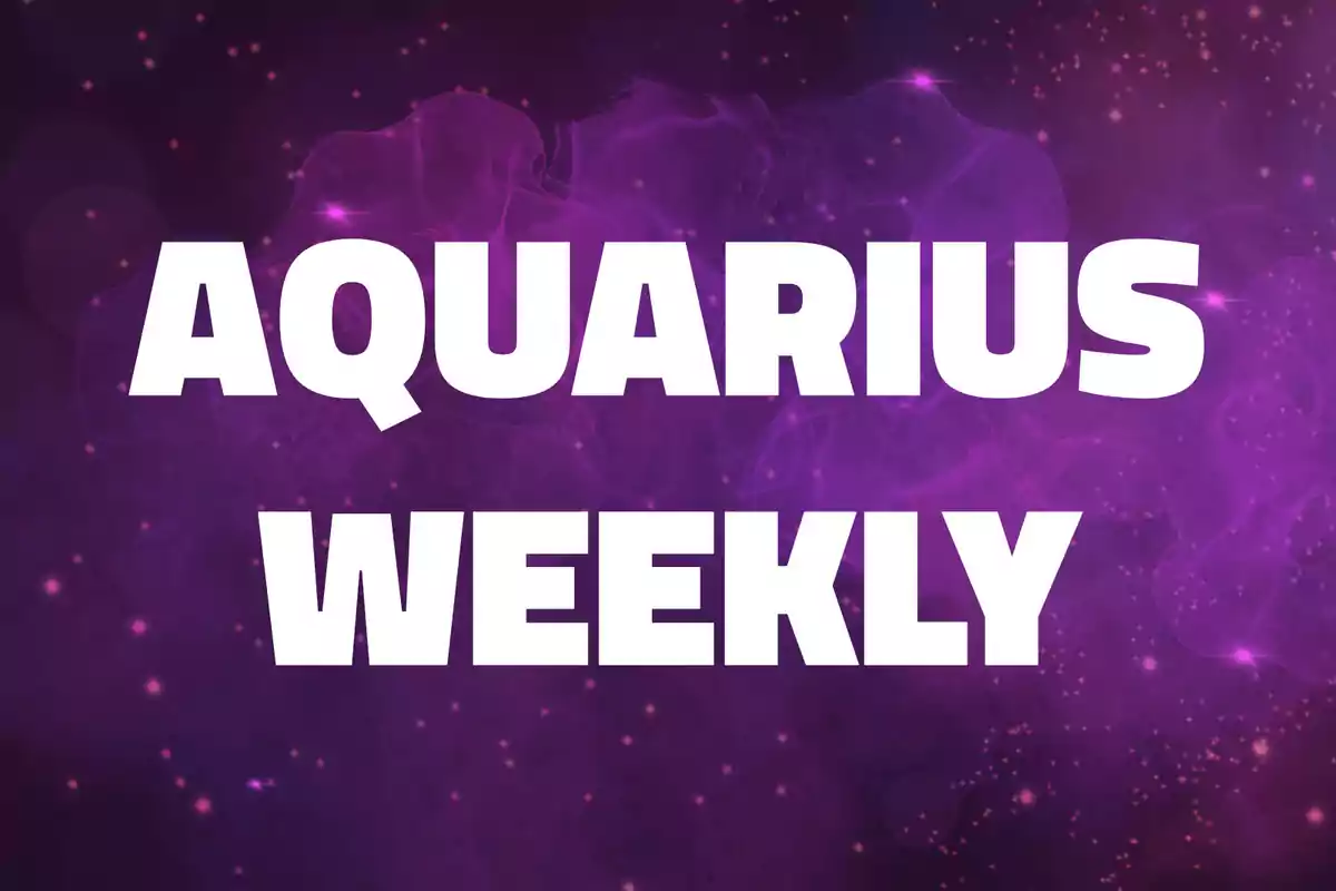 Aquarius Weekly text in white letters on a purple background with sparkles and light effects