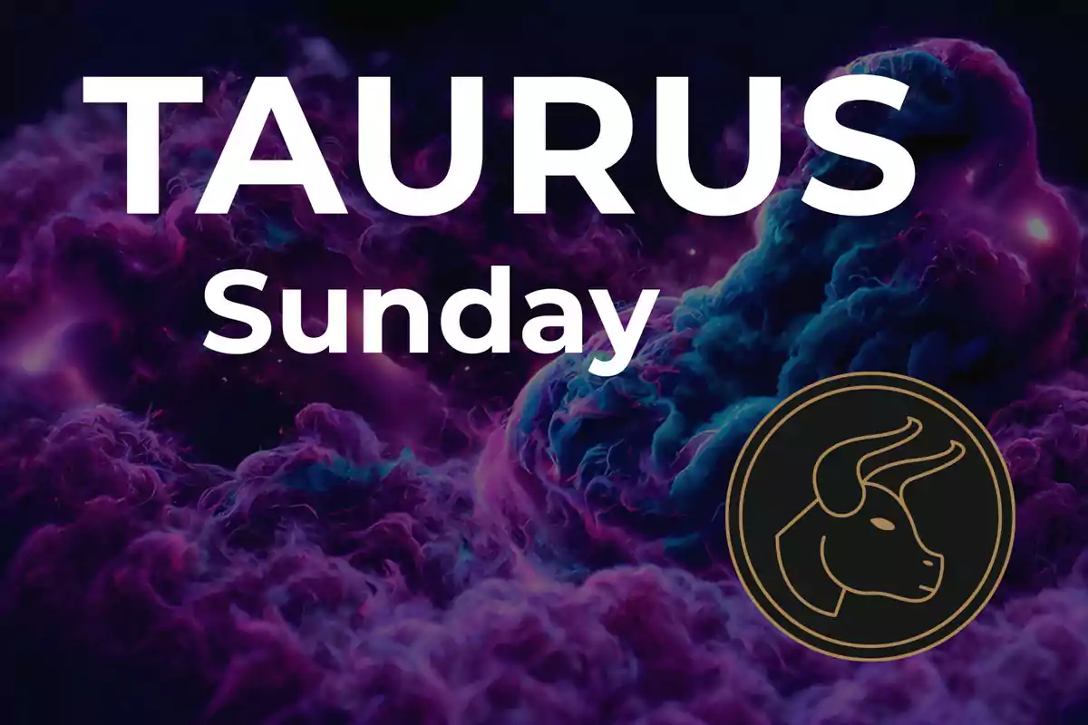 Image with the text TAURUS Sunday on a background of purple and blue clouds, next to a golden icon of a bull's head.