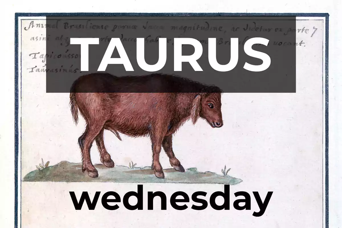 Illustration of an animal similar to a bison with the word TAURUS in large letters and Wednesday at the bottom