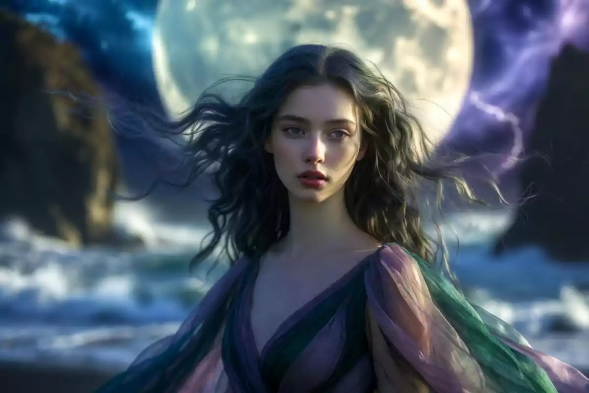 Woman with long, wavy hair in a flowing dress in shades of green and lilac posing by the sea with a bright full moon in the night sky