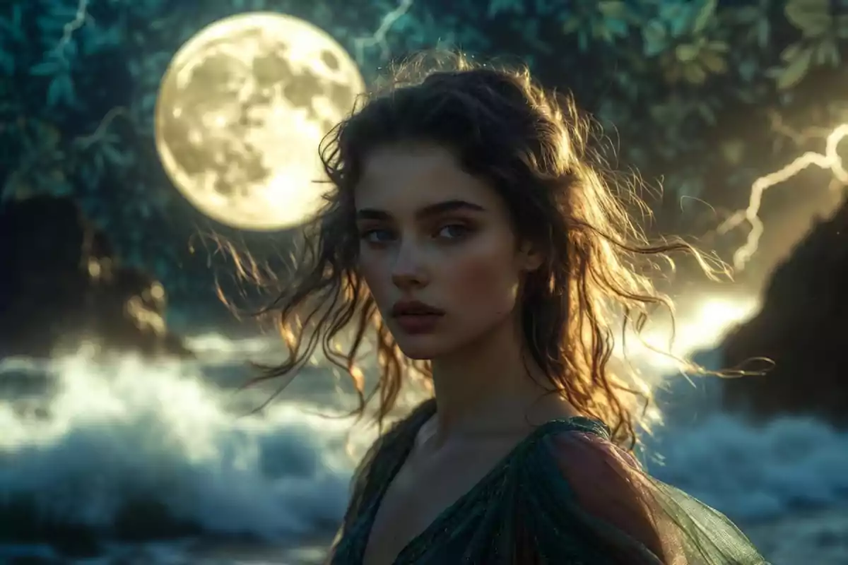 Curly-haired woman with a serious expression in front of a turbulent sea under the light of a full moon and lightning in the background
