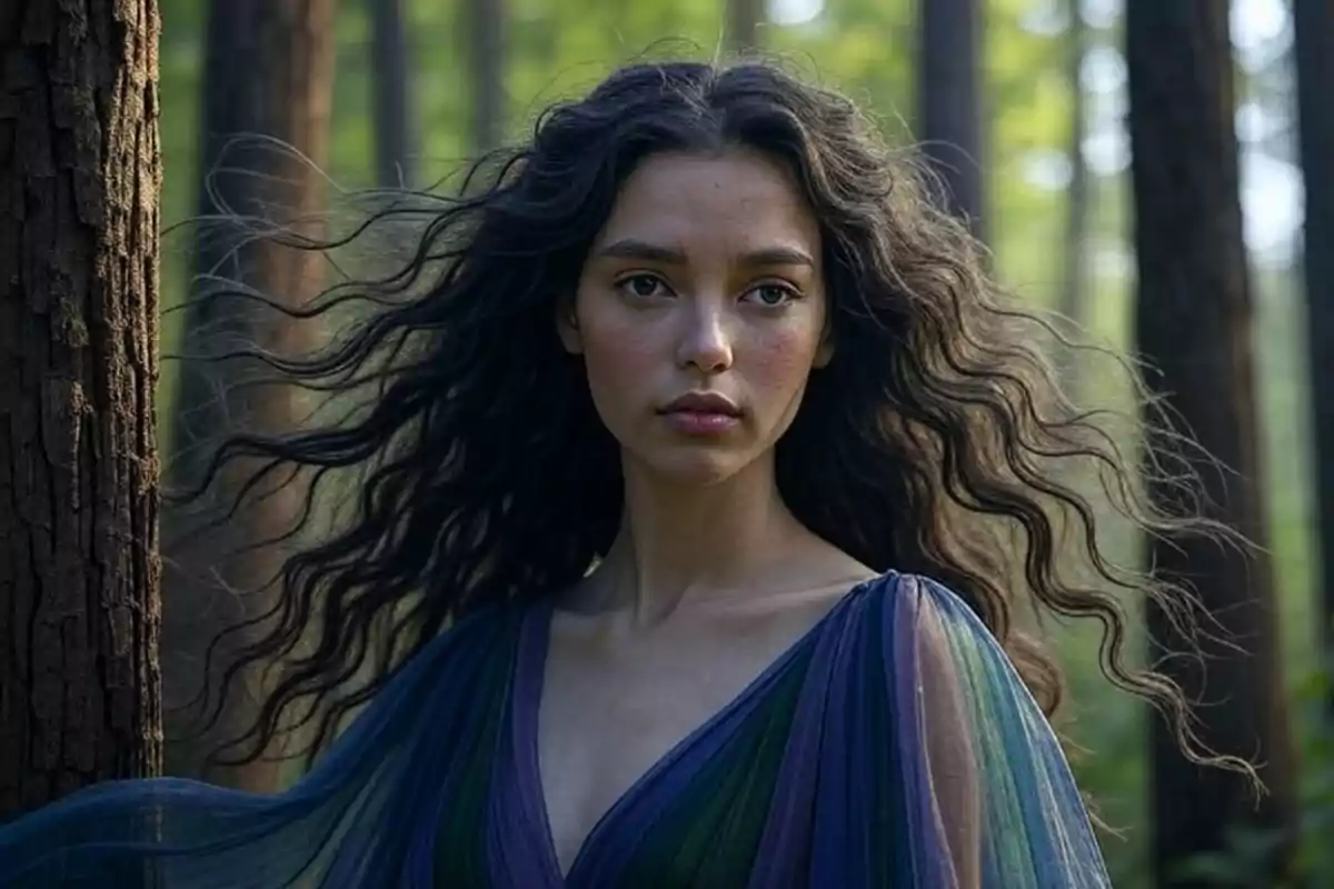 Curly-haired woman with long hair wearing a blue and green dress in a forest lit by natural light