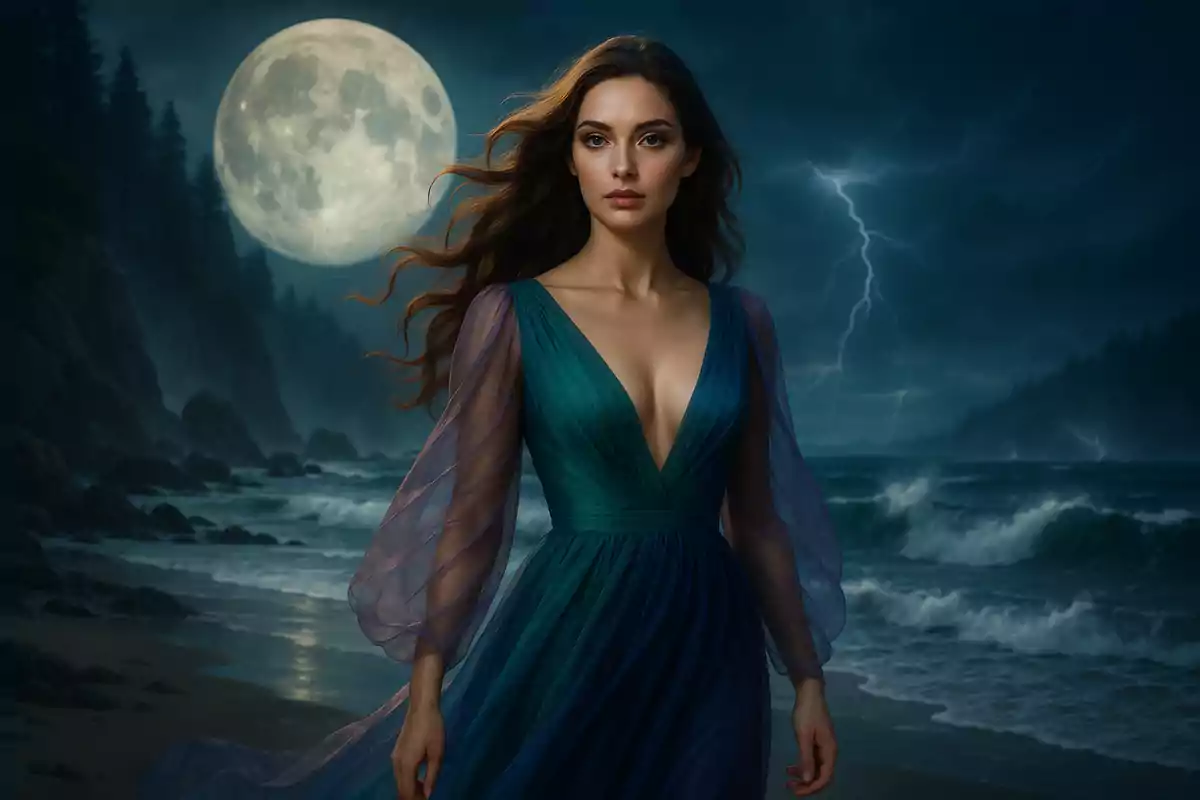 Woman in a blue tulle dress walking on the beach at night with the full moon and lightning in the dark sky