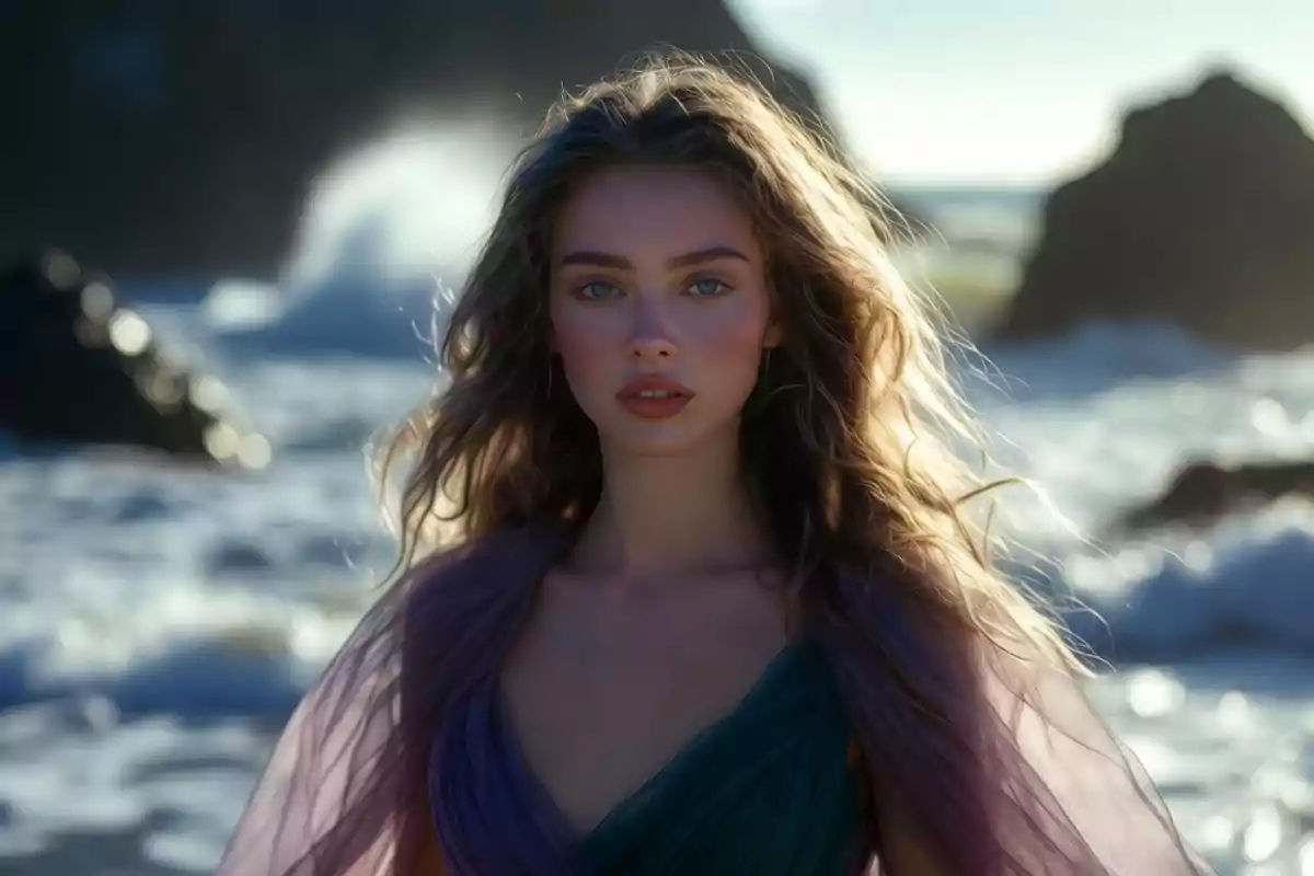 Young woman with wavy blonde hair posing on the beach with the sea and rocks in the background
