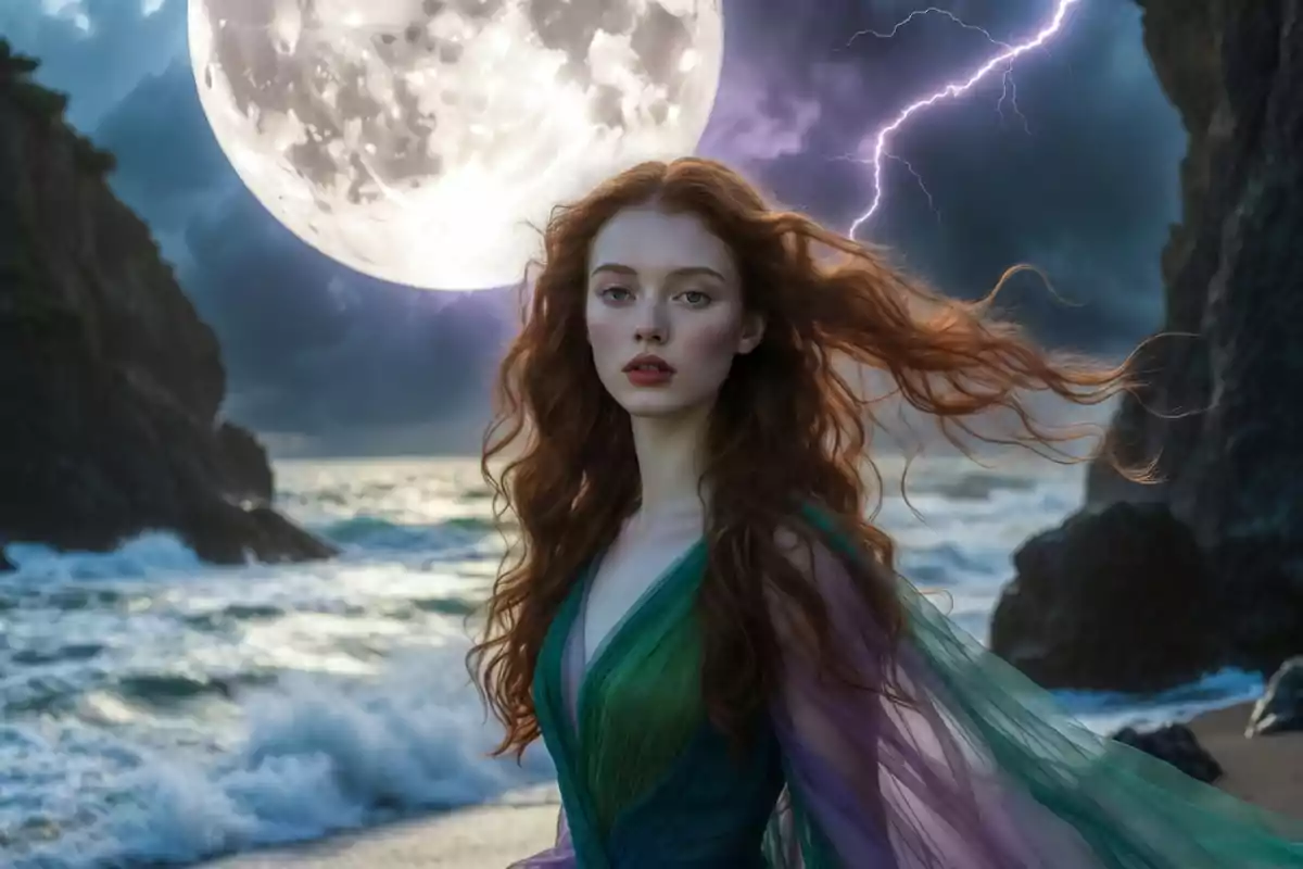 Red-haired woman in a green dress on a rocky beach at night with a full moon and lightning in the dramatic sky