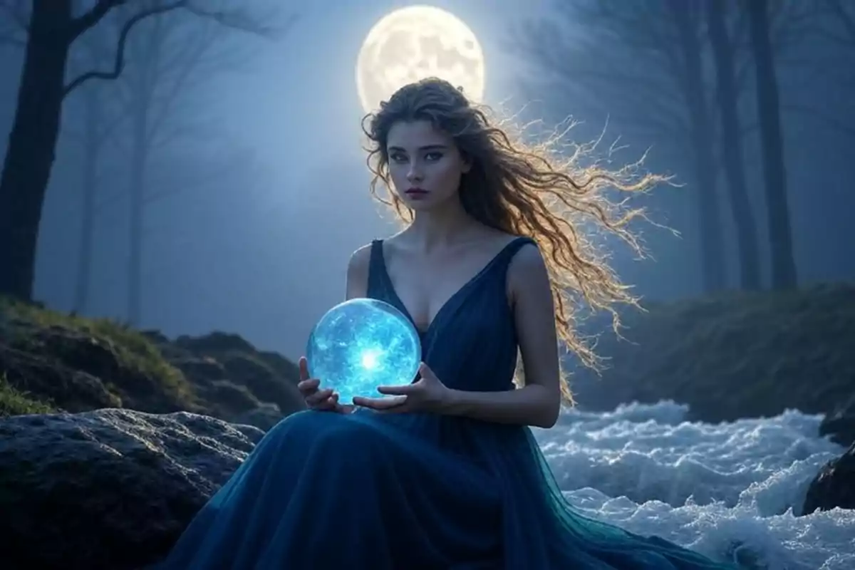 Long-haired woman with loose hair in a blue dress sitting by a stream, holding a glowing blue sphere with the bright full moon in the background in a dark forest